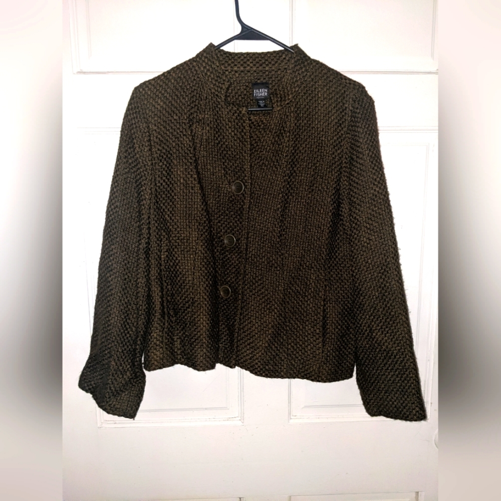 Eileen Fisher Olive Green Tweed Front Button Short Coat/Blazer With Pockets (PM)